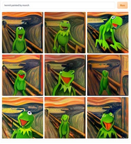 Un collage d'images de Kermit la grenouille en tant que personnage sur le pont dans Munchs The Scream
