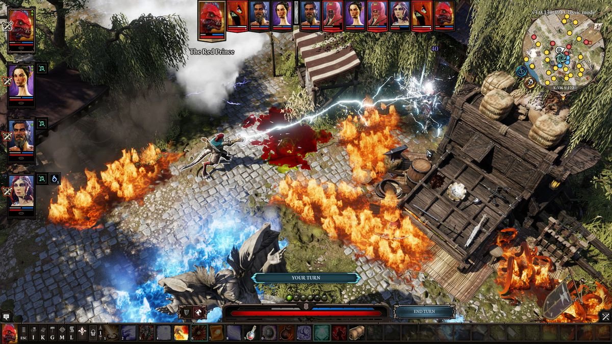 Une vue de haut en bas d'un personnage dans Divinity Original Sin 2 tirant sur l'électricité. L'espace extérieur est couvert de feu.