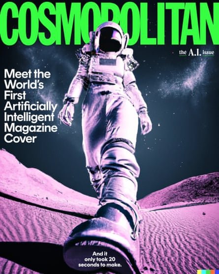 La couverture de Cosmopolitan montrant un astronaute marchant sur une planète aux teintes violettes et lisant Rencontrez la première couverture de magazine artificiellement intelligente au monde... et cela n'a pris que 20 secondes à faire.