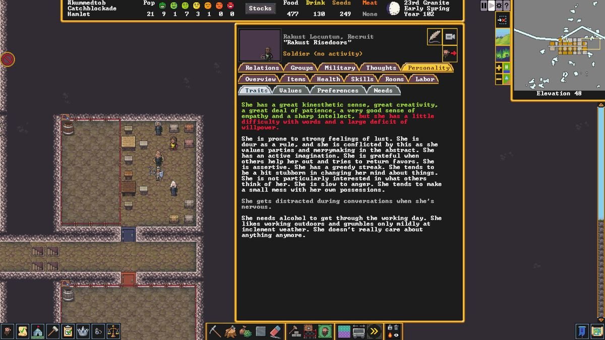 Une capture d'écran des traits de caractère d'un maître charpentier qui souffre également d'alcoolisme dans Dwarf Fortress sur Steam