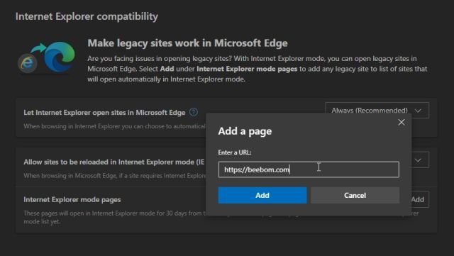 Activer le mode IE dans Edge