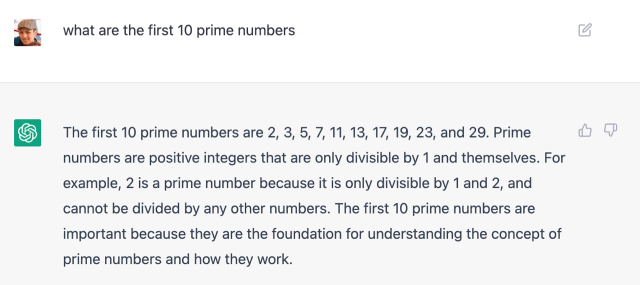 ChatGPT listing the first 10 prime numbers