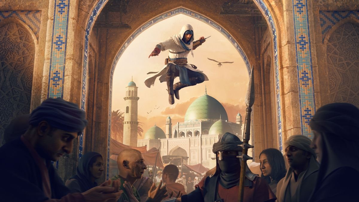 Basim d'Assassins Creed Mirage sautant du dessus d'un groupe de personnes
