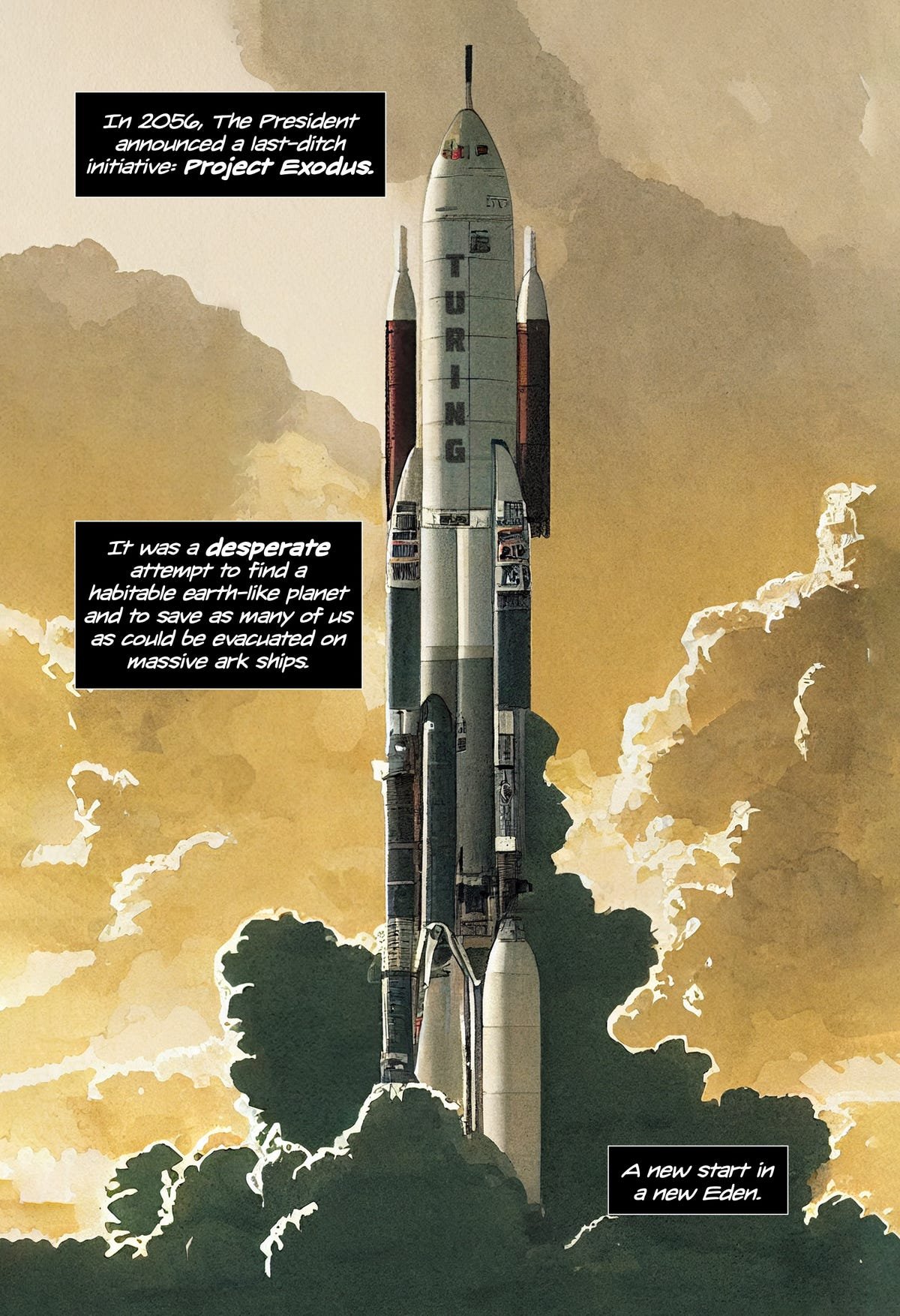 Une page de The Exodus , montrant des fusées pointant vers le haut