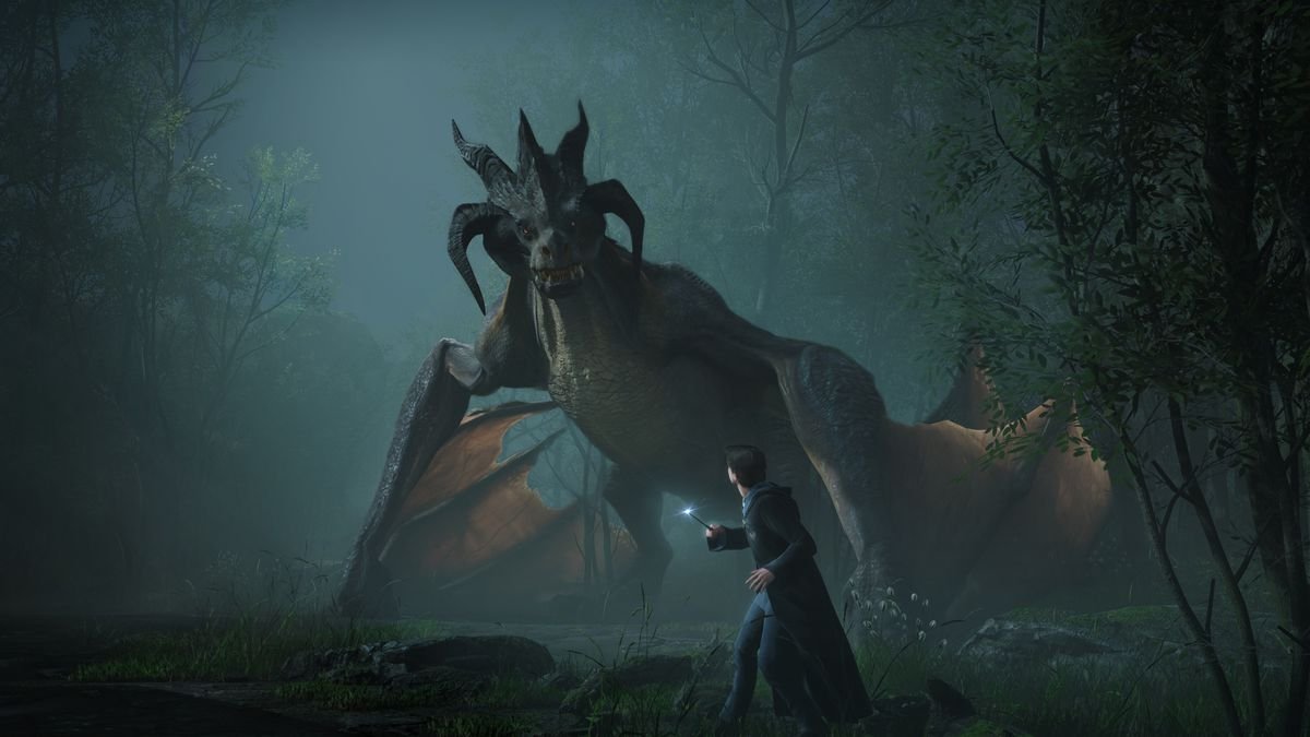 Un sorcier affronte un dragon dans une capture d'écran de Hogwarts Legacy