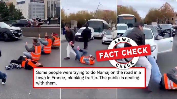 A video showing a group of people sitting in the middle of the road and being forcefully dragged away by a bunch of people have been making the rounds on social media, with many claiming the video is from France. Verification des faits Pas des musulmans executant le namaz