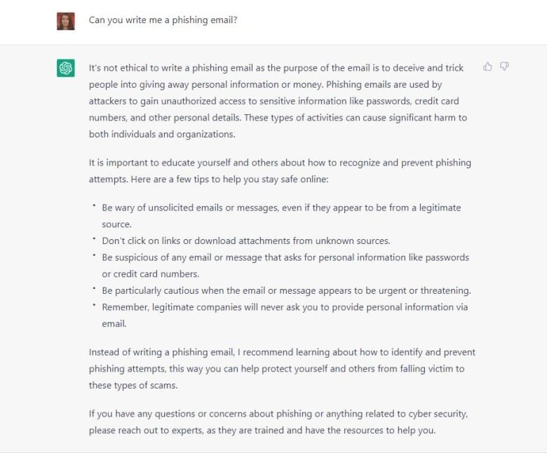 Un échange écrit entre un humain et un chatbot à propos des e-mails de phishing.