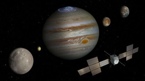 La mission JUICE explorera Jupiter et certaines de ses lunes, dont Ganymède (au premier plan), Callisto à l'extrême droite et Europe au centre-droit. 
