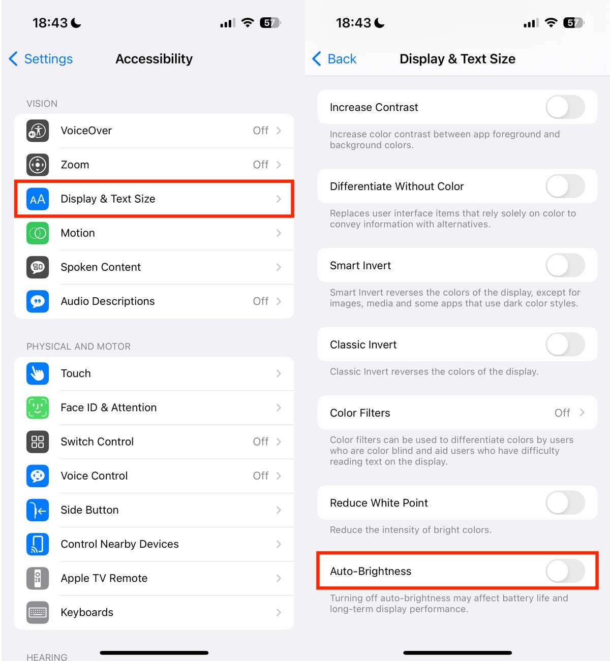 Si votre iPhone continue de baisser automatiquement, voici comment l'arrêter 1 Paramètres de luminosité automatique dans iOS