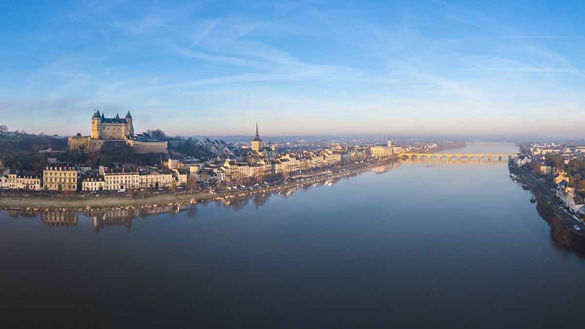 Aerial drone view of Saumur skyline