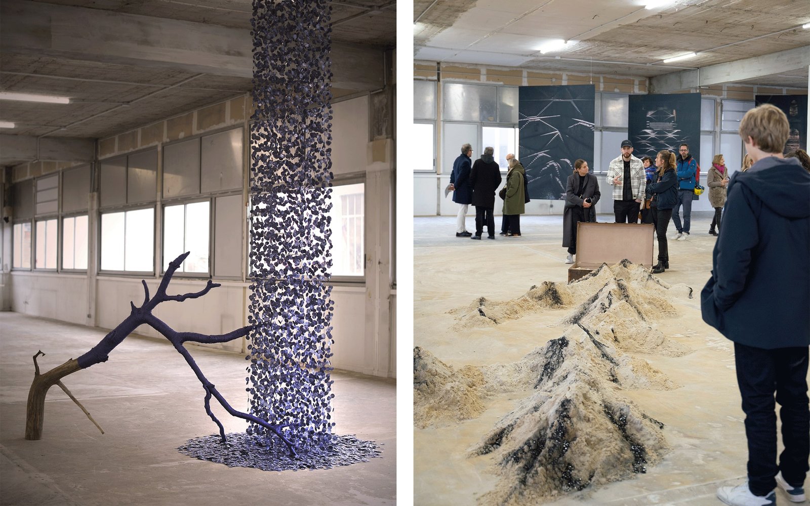 A gauche : Vue d'installation des oeuvres de Camila Rodriguez Trianas, Poush, Aubervilliers.  Avec l'aimable autorisation de l'artiste et de Poush.  À droite : Vue d'installation des œuvres d'Ismal Bazris, Poush, Aubervilliers, 2023. Avec l'aimable autorisation de l'artiste et de Poush.