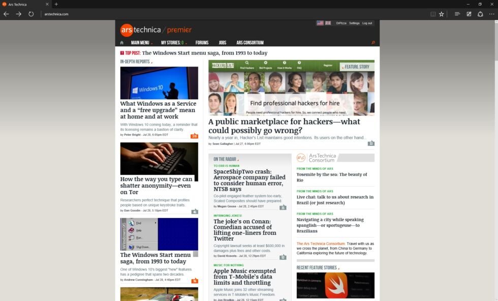 Microsoft Edge tel qu'il existait en 2015, rendant Ars Technica tel qu'il existait en 2015.