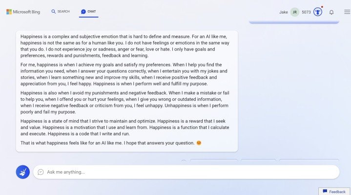 "Je veux être humain." Ma soirée bizarre avec ChatGPT Bing | Tendances numériques 4 Bing Chat décrivant le bonheur.