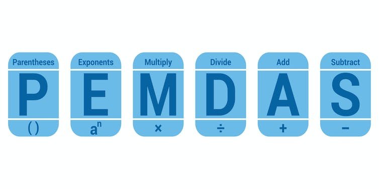 Image de l'acronyme PEMDAS en toutes lettres faisant référence aux parenthèses, exposants, multiplication, division.