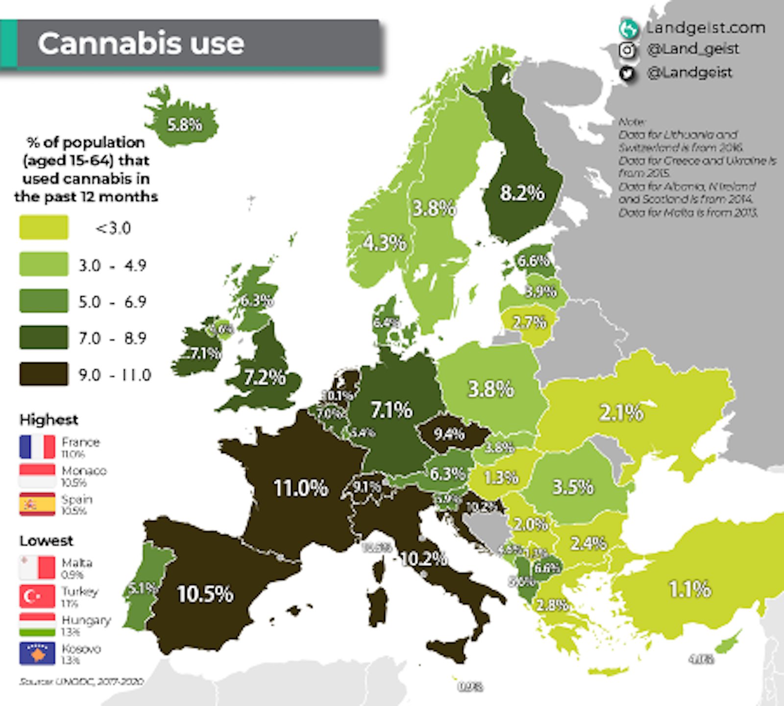 une carte montrant le pourcentage de personnes fumant de l'herbe dans le pays.