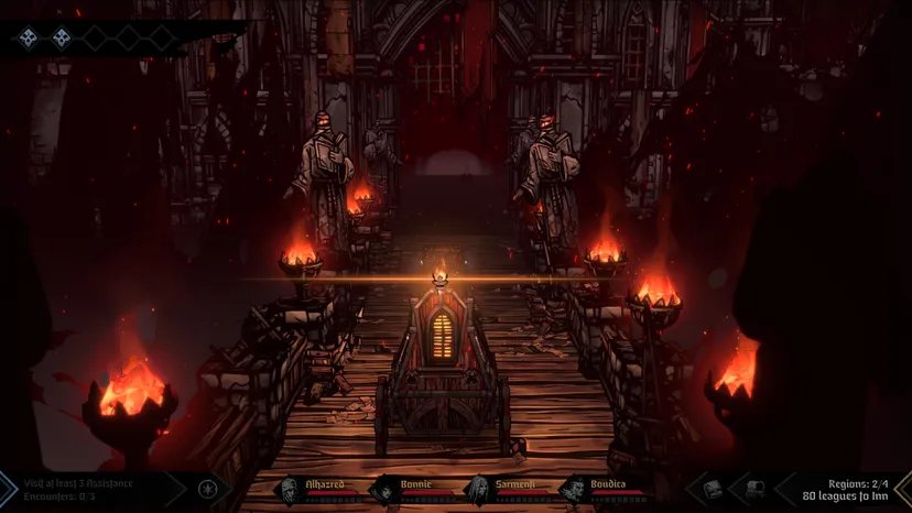 Une capture d'écran de Darkest Dungeon II. La diligence traverse un pont.