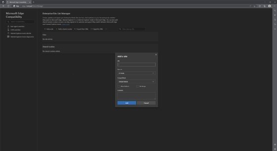 Capture d'écran du gestionnaire de listes de sites d'entreprise dans Microsoft Edge.