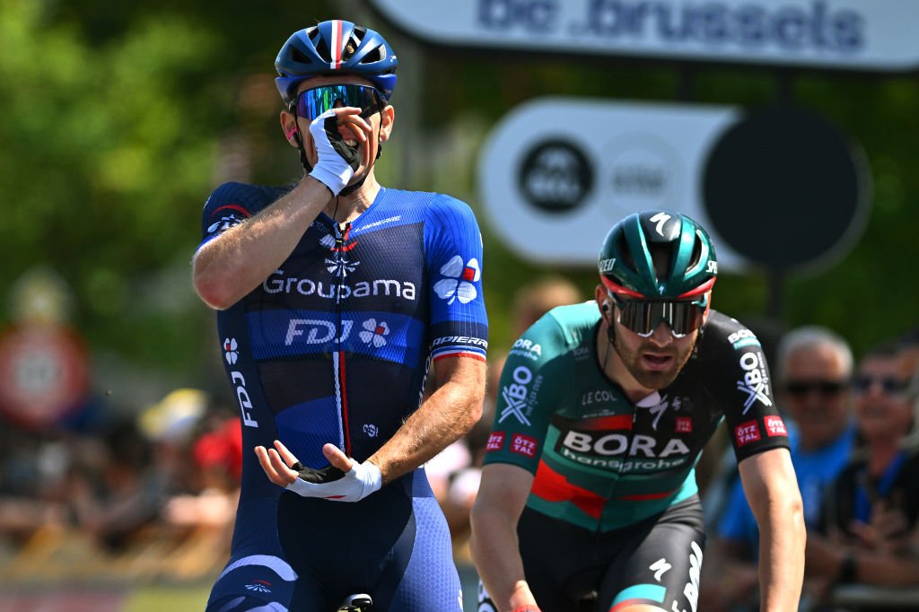Arnaud Demare celebrates winning the 2023 Brussels Cycling Classic