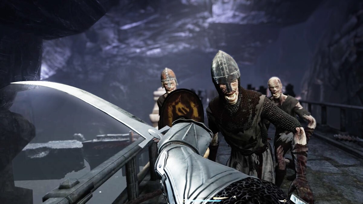 Une scène de jeu du RPG VR Grimlord montre un chevalier frappant un groupe de guerriers squelettes avec un poignard.