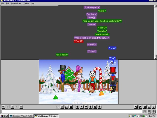 Une capture d'écran que Benj Edwards a prise de WorldsAway, un monde de chat graphique en ligne, le 12 décembre 1998. Benj est le gars bleu à droite.