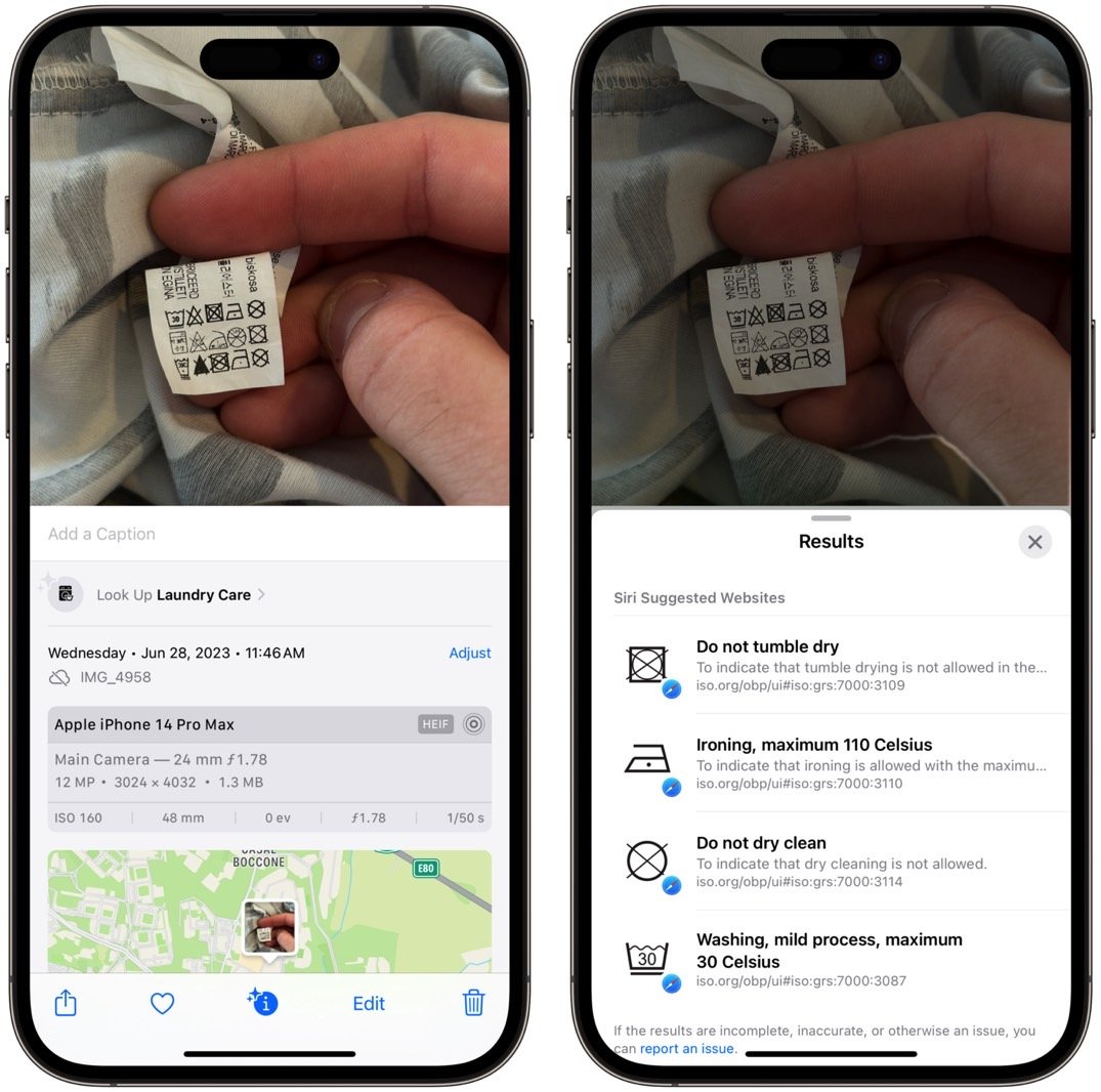 L'application iOS 17 Photos comprend les icônes de blanchisserie via Visual Lookup.