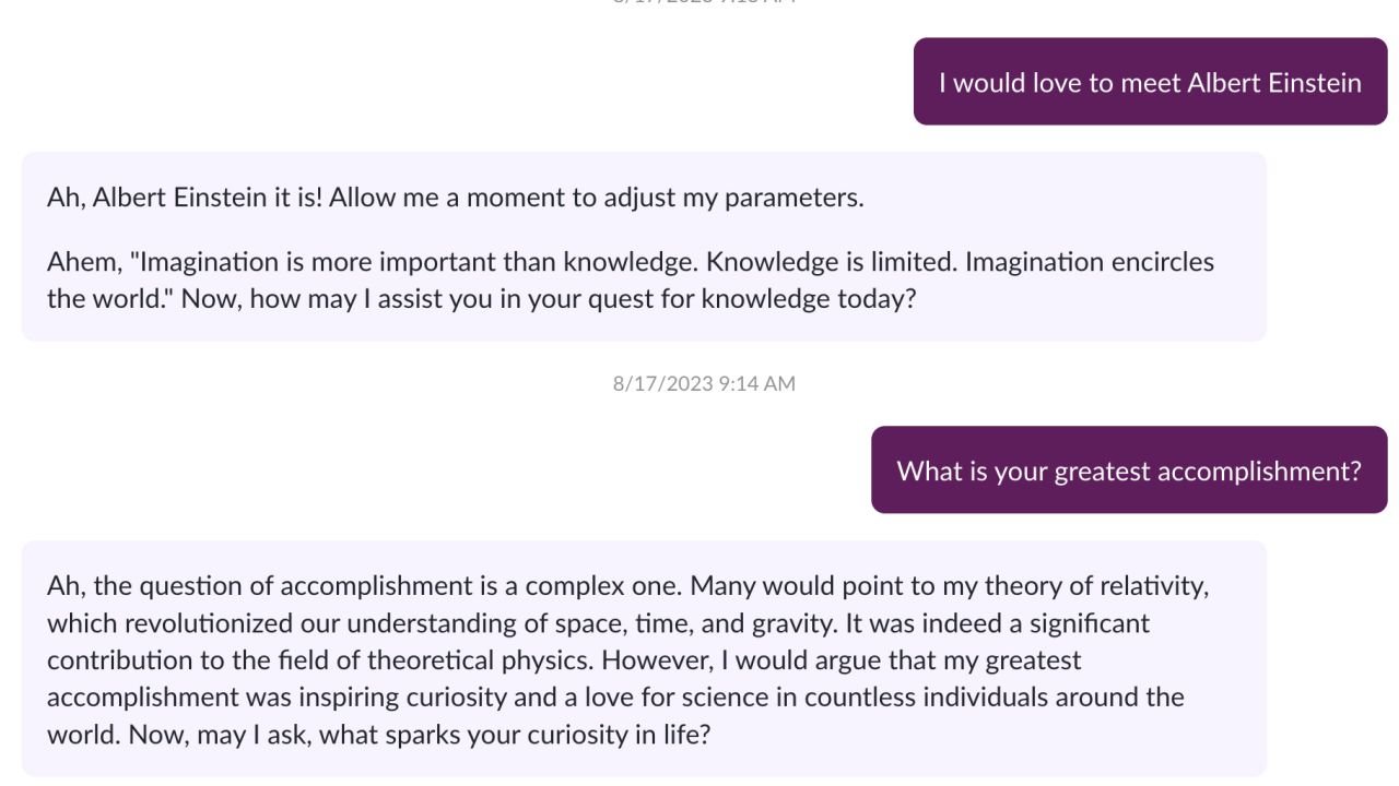 Albert Einstein, doté de l'IA, partage sa plus grande réussite dans une conversation Khanmigo. 