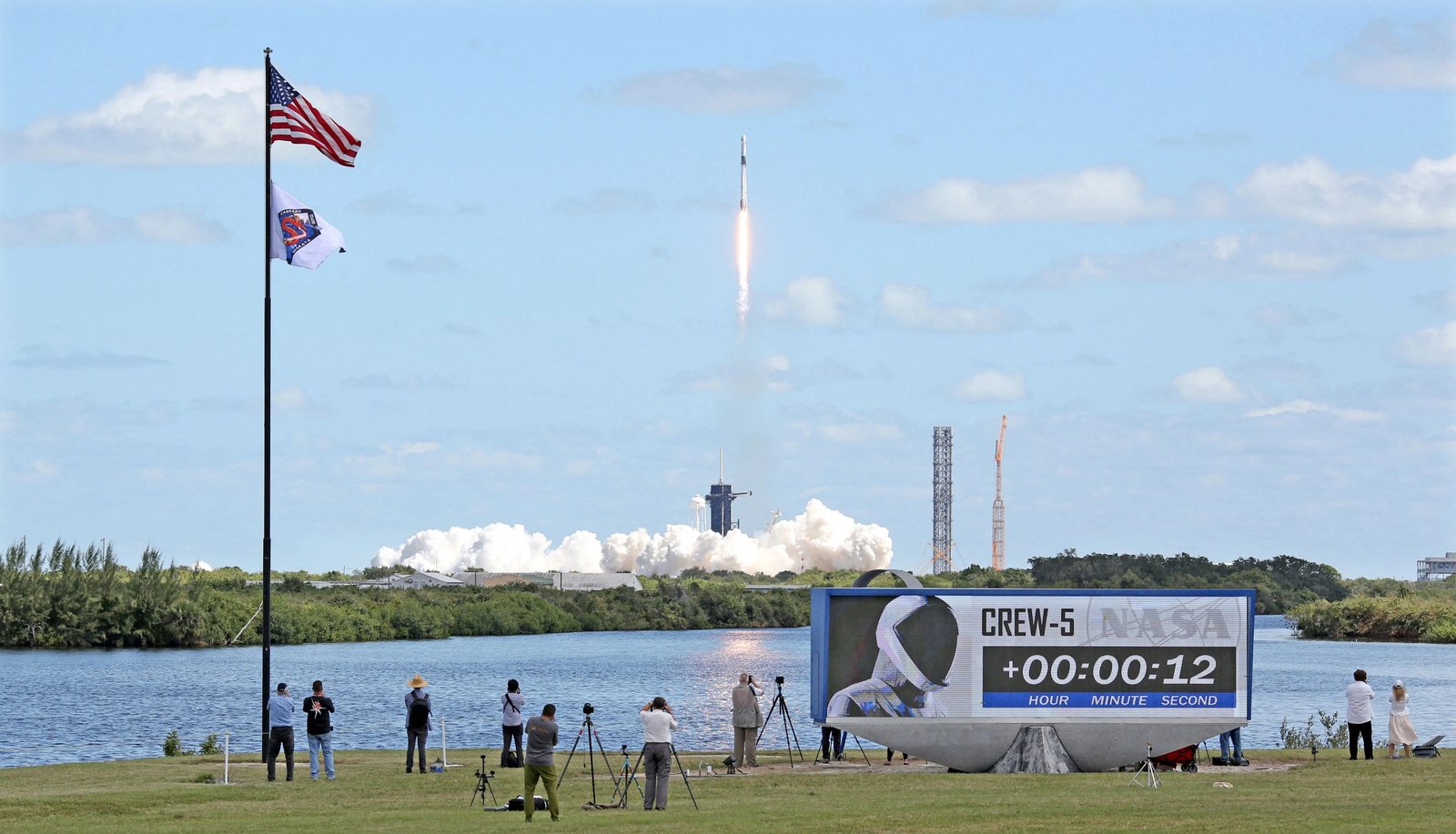 An image of The SpaceX Falcon 9 rocket carrying NASA's Crew-5 Dragon spacecraft lifts off from the Kennedy Space Center in Florida on Oct. 5, 2022. (With credits to Gregg Newton/AFP via Getty Images)