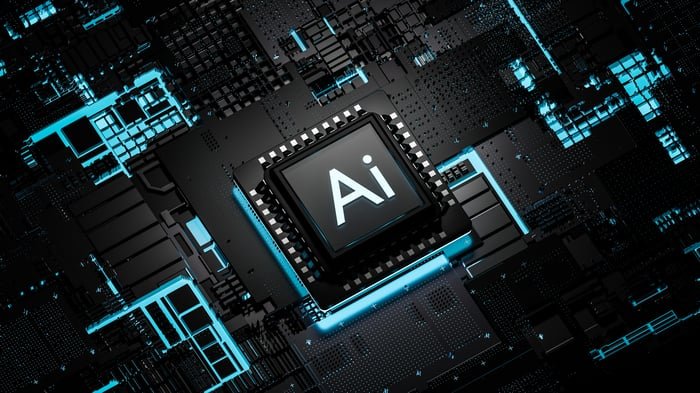 Un rendu numérique d'un circuit imprimé avec une puce au centre, portant les lettres AI.