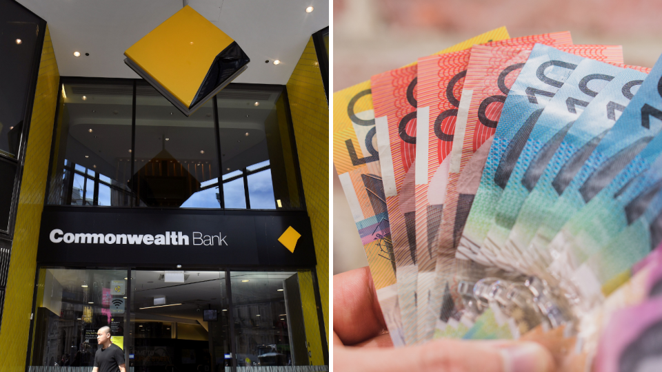 L'extérieur d'une succursale de la Commonwealth Bank et une personne détenant de la monnaie australienne se sont déployés.