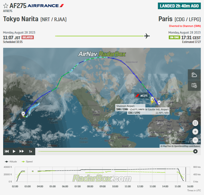 Le Boeing 777 d'Air France de Tokyo à Paris est détourné vers Shannon