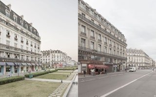 deux bâtiments et rues représentés l'un à côté de l'autre.