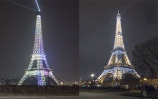 La Tour Eiffel illuminée la nuit en Chine et à Paris.