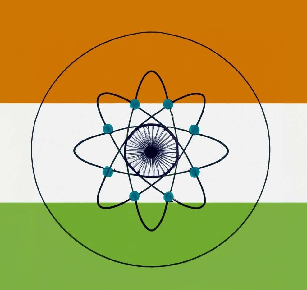 Le drapeau indien, son symbole traditionnel de roue centrale et de rayon remplacé par une représentation de l'atome.