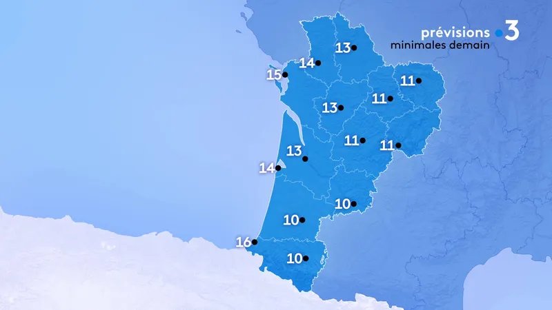 Il fera trs doux  l'aube : 11C  Brive, Guret, Limoges et Prigueux, 14C  Niort et Arcachon, 15C  La Rochelle, 16C  Biarritz, 13C  Bordeaux et Poitiers, et enfin 10C  Pau, Mont-de-Marsan et Agen.