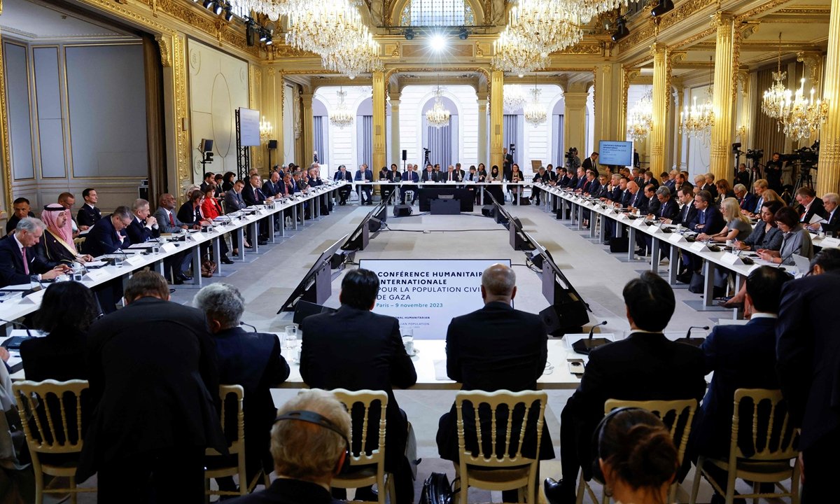 Des représentants d'États, d'organisations internationales, d'entreprises, de banques de développement et d'ONG participent à une conférence humanitaire internationale en faveur des civils de Gaza, à l'Elysée, à Paris, le 9 novembre 2023. Photo : VCG