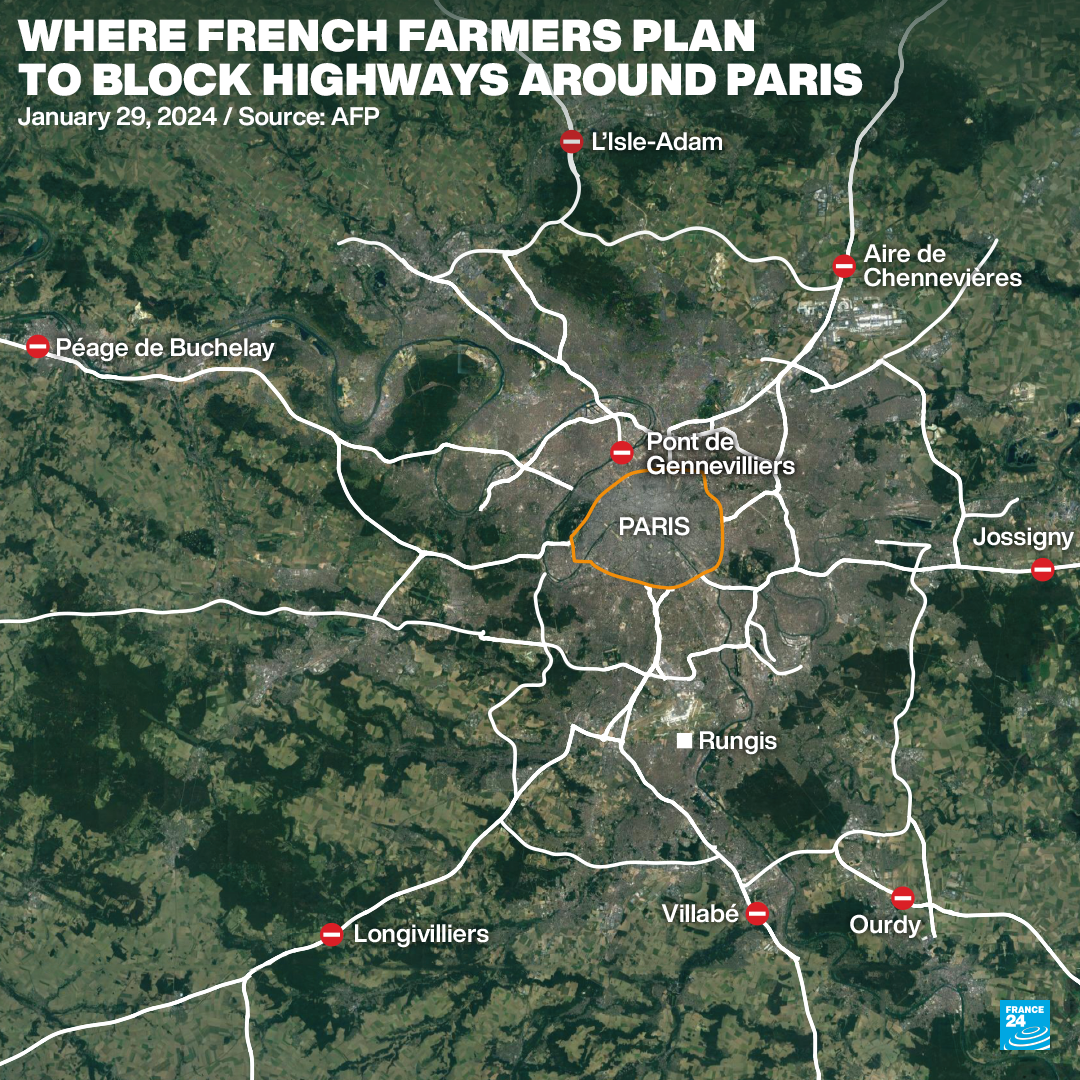 Une carte des barrages routiers prévus autour de Paris.