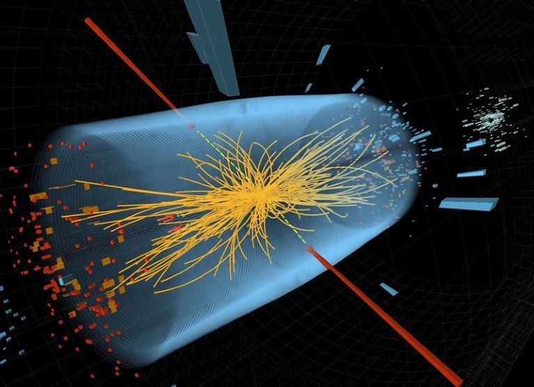 Une image générée par ordinateur d'un événement candidat typique comprenant deux photons à haute énergie représentés en rouge