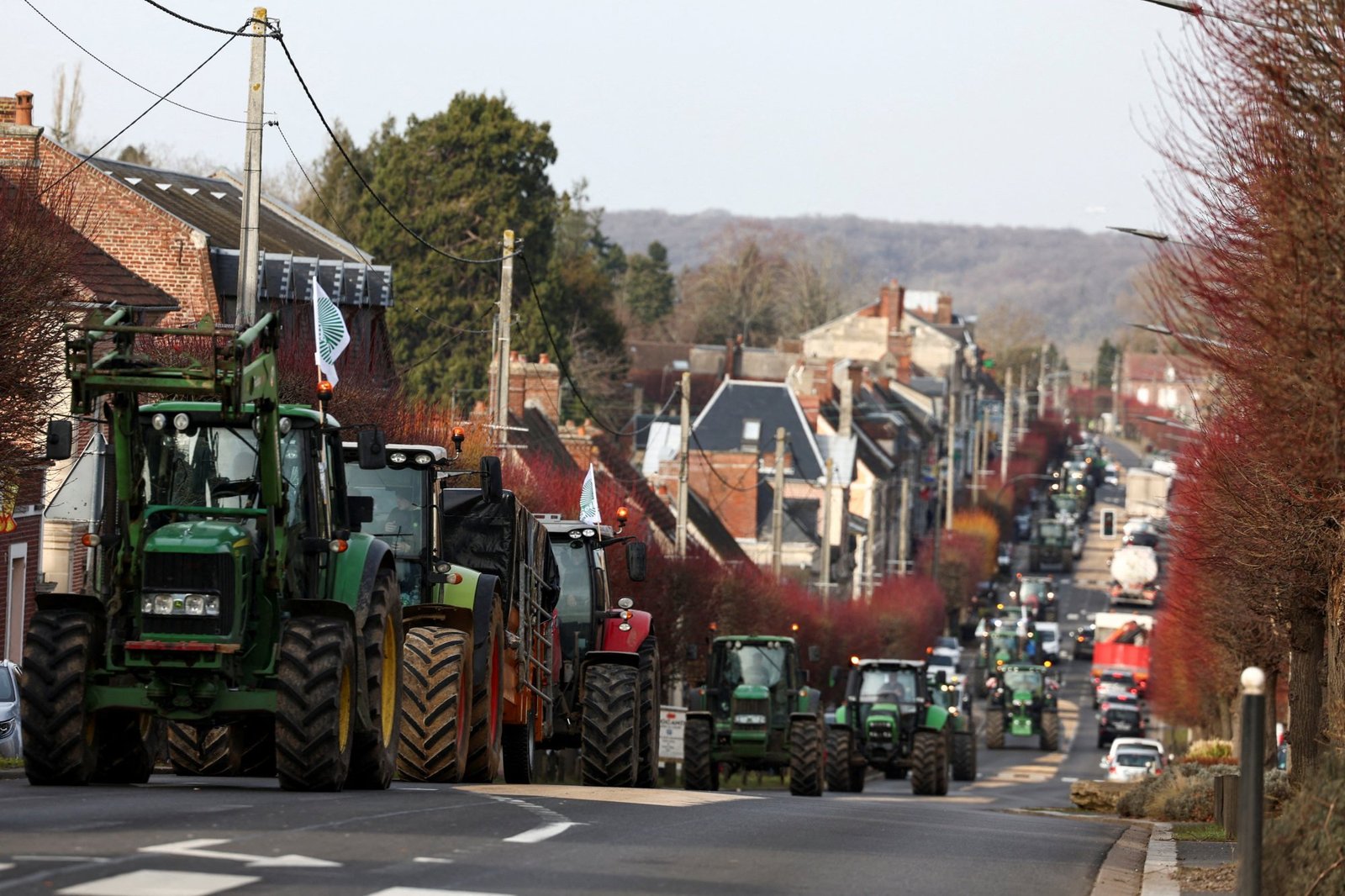 Tractors queue in Noailles, France, as farmers try to reach Paris. Photo: Reuters