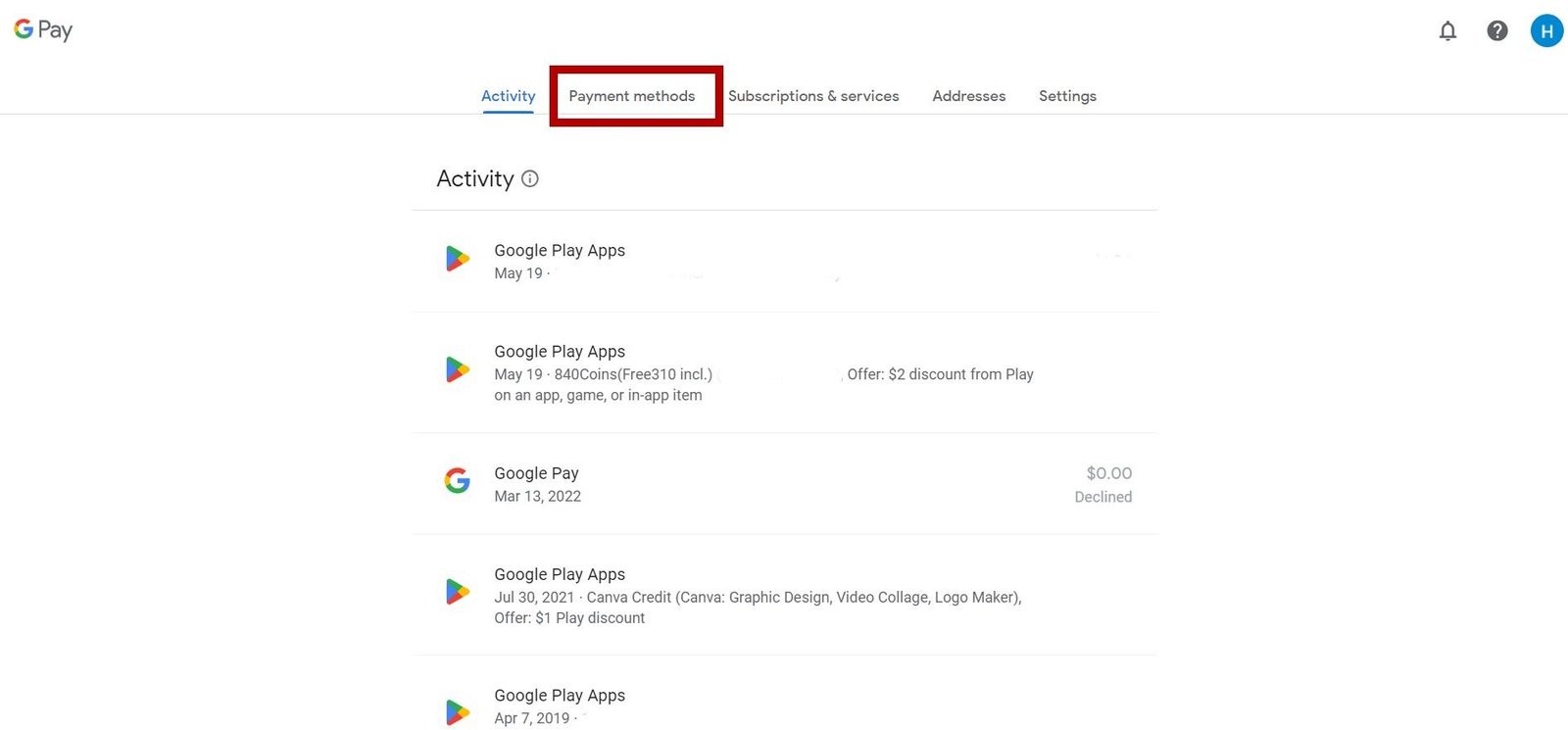 Page d'accueil de Google Pay