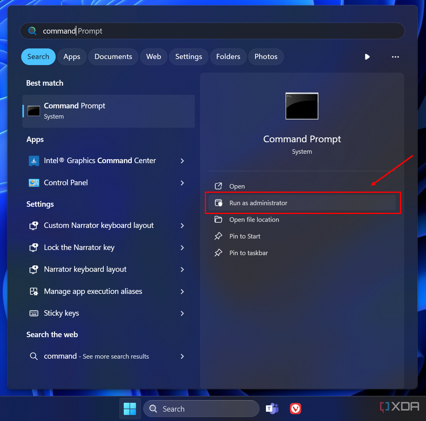 Capture d'écran de la recherche Windows montrant l'invite de commande et l'option Exécuter en tant qu'administrateur en surbrillance