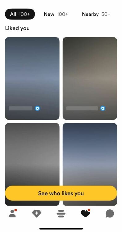 L'image montre une section de l'interface d'une application de rencontres indiquant que l'utilisateur a des likes sur d'autres profils. En haut, il y a des onglets indiquant
