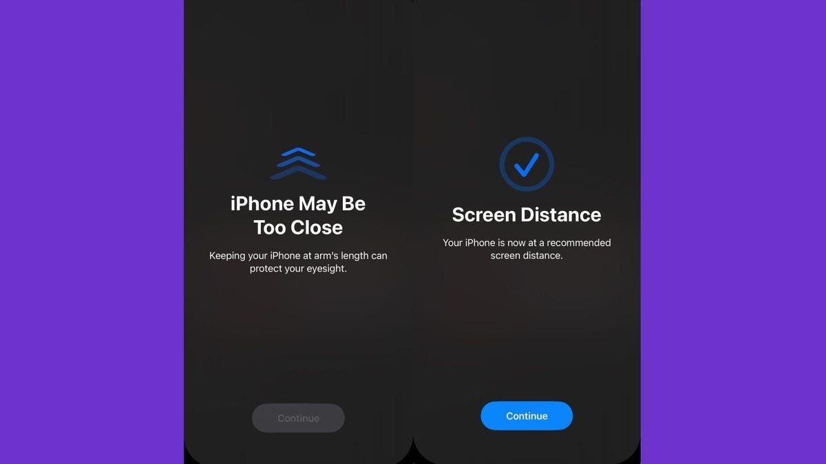 Deux captures d'écran côte à côte. À gauche, l'écran indique que l'iPhone est peut-être trop proche et à droite, l'écran affiche une coche et lit Distance de l'écran.