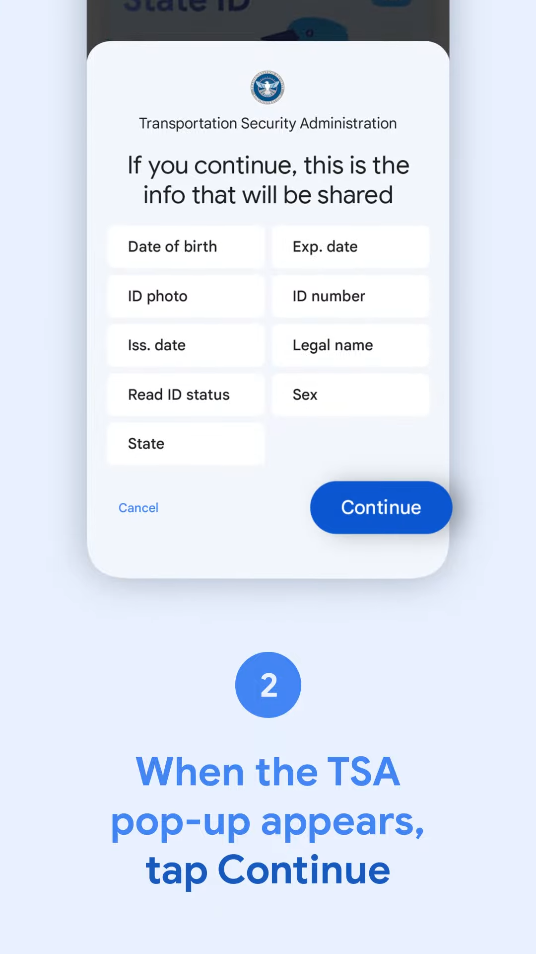confirmation du partage de données personnelles dans l'application Google Wallet