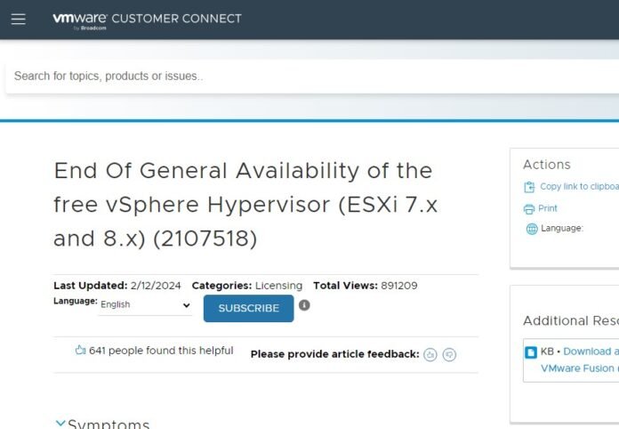 Fin de l'édition gratuite de VMware VSphere Hypervisor Fin de l'édition gratuite de VMware VSphere Hypervisor