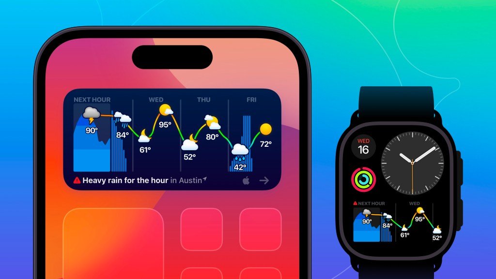 image du widget Weather Up sur l'écran d'accueil et sur Apple Watch