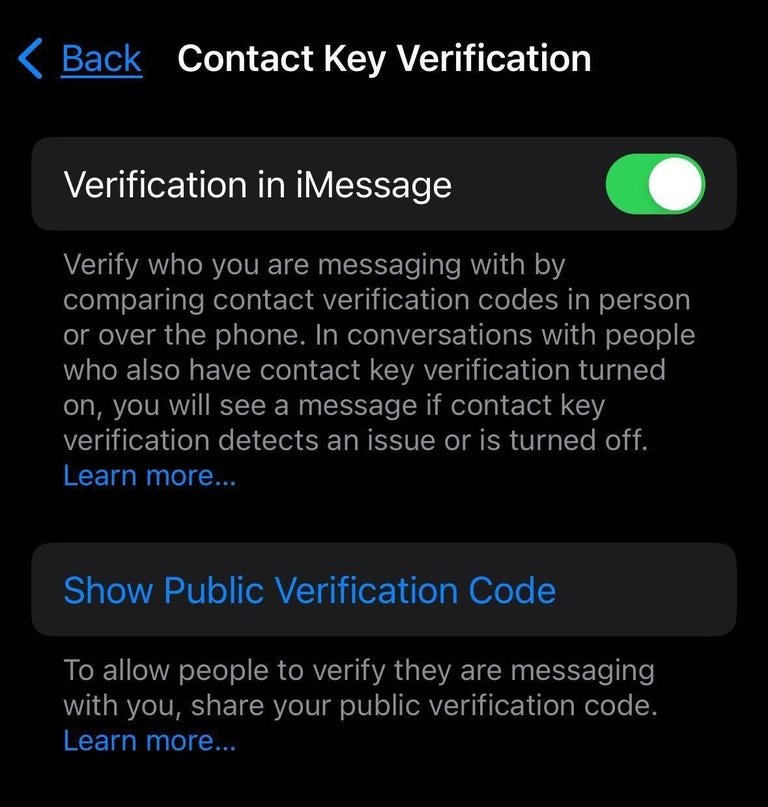 Menu de vérification des clés de contact avec vérification dans iMessages activée