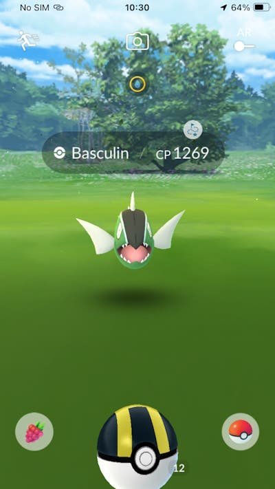 Rencontre de Basculin à rayures blanches dans Pokemon Go.