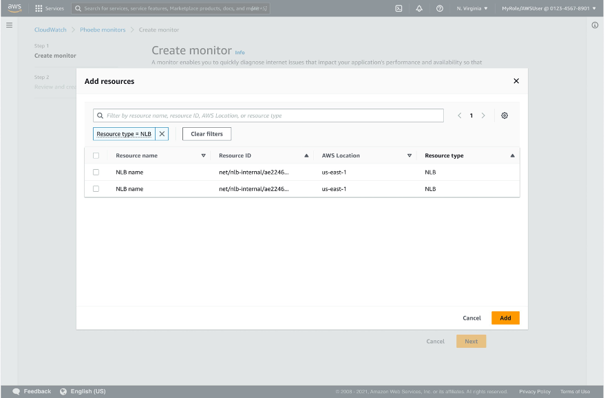 Capture d'écran montrant les ressources filtrées sur la page Ajouter des ressources dans la console Internet Monitor