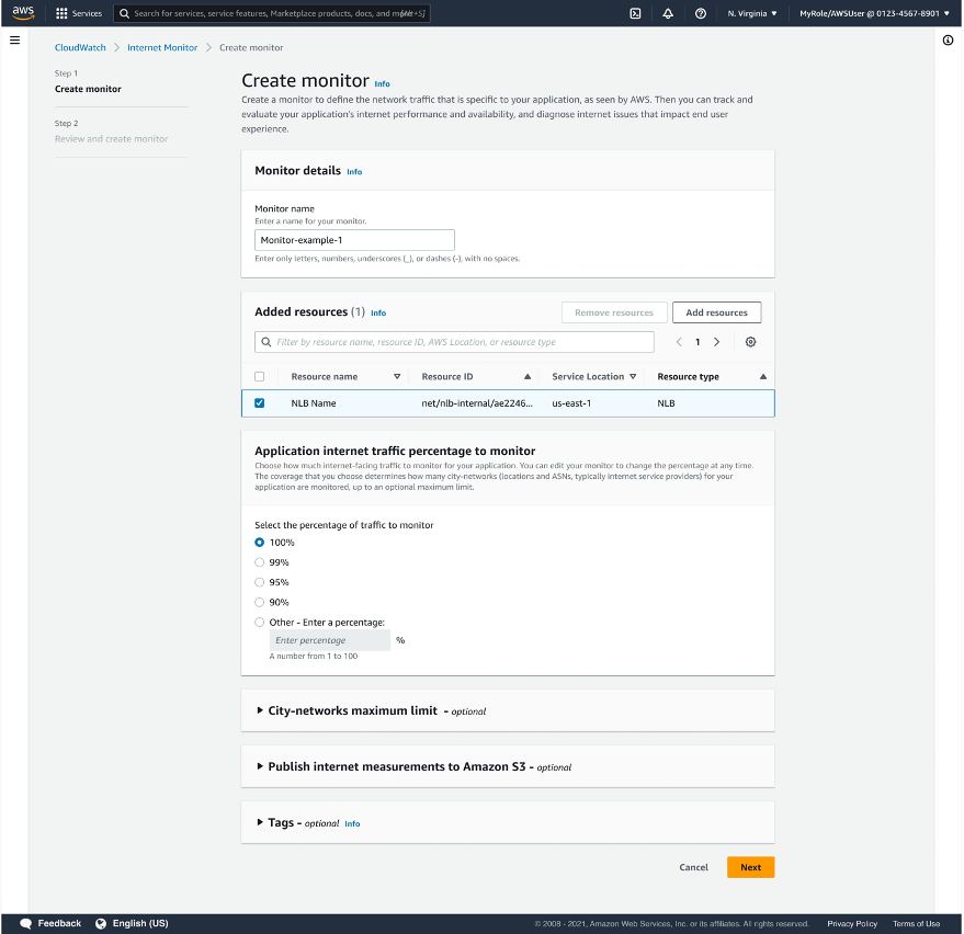 Capture d'écran montrant la page Créer un moniteur dans la console Internet Monitor, avec 100 % choisis pour le pourcentage sélectionné du trafic à surveiller