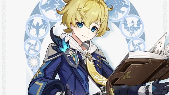 Codes Genshin Impact : Illustration du personnage blond de Genshin Impact, Mika, faisant léviter un livre en souriant.